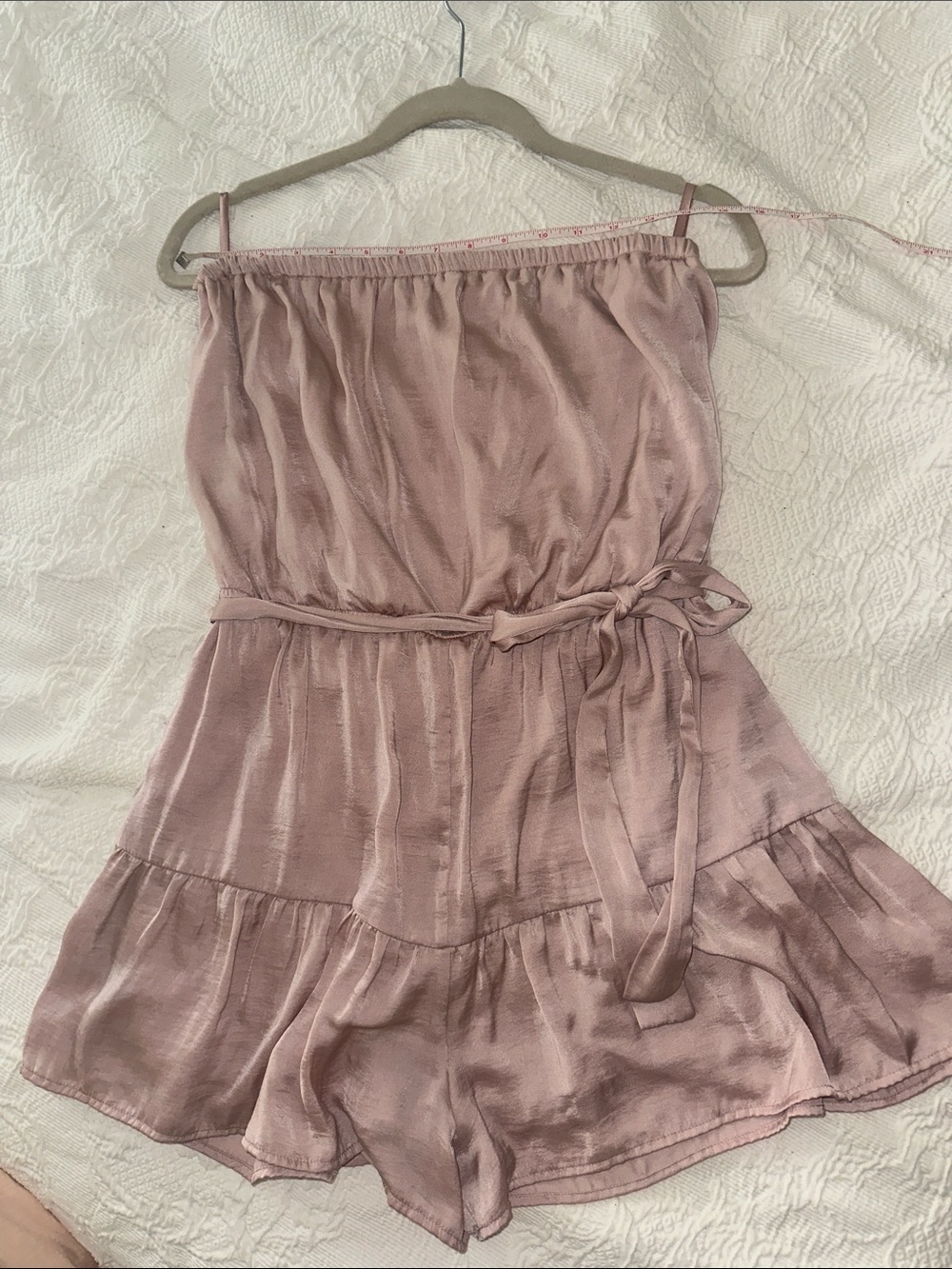 She + Sky Blush Pink Strapless Romper with Waist Tie